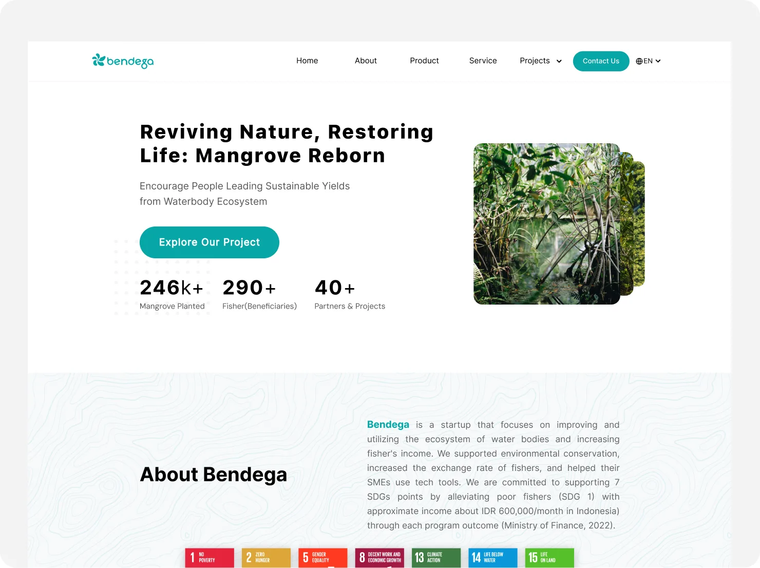 Redesigned Bendega homepage: ‘Reviving Nature, Restoring Life’ with impact numbers and an About section