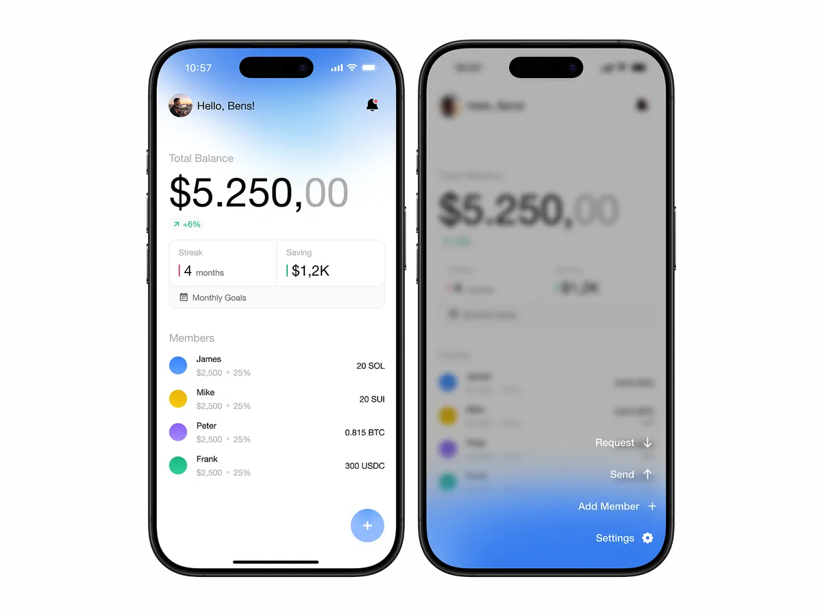 Two wallet app screens showing a $5,250 balance and shared members