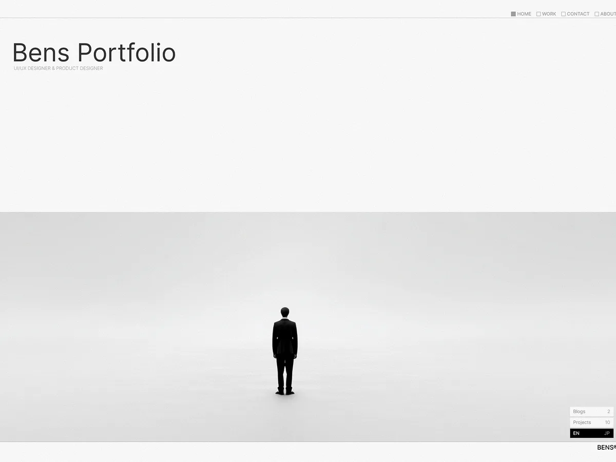 Minimal portfolio hero with a lone figure in a misty white landscape