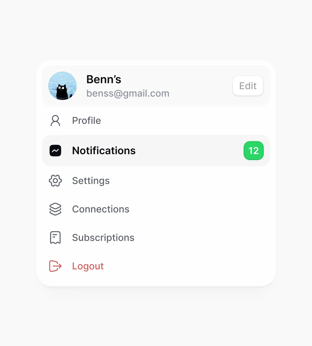 Profile dropdown menu with notifications badge and settings