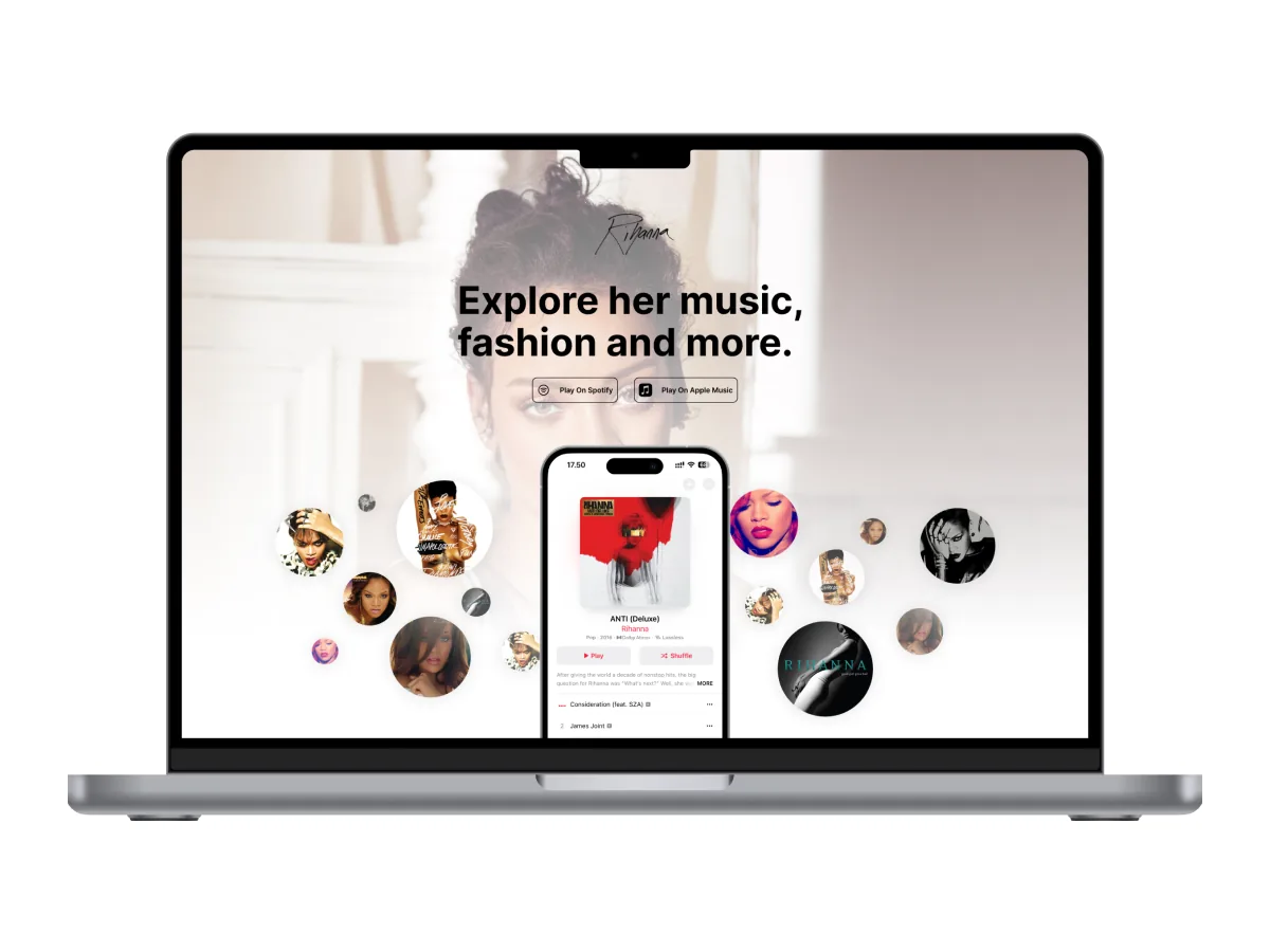 Rihanna fan website on a laptop and phone