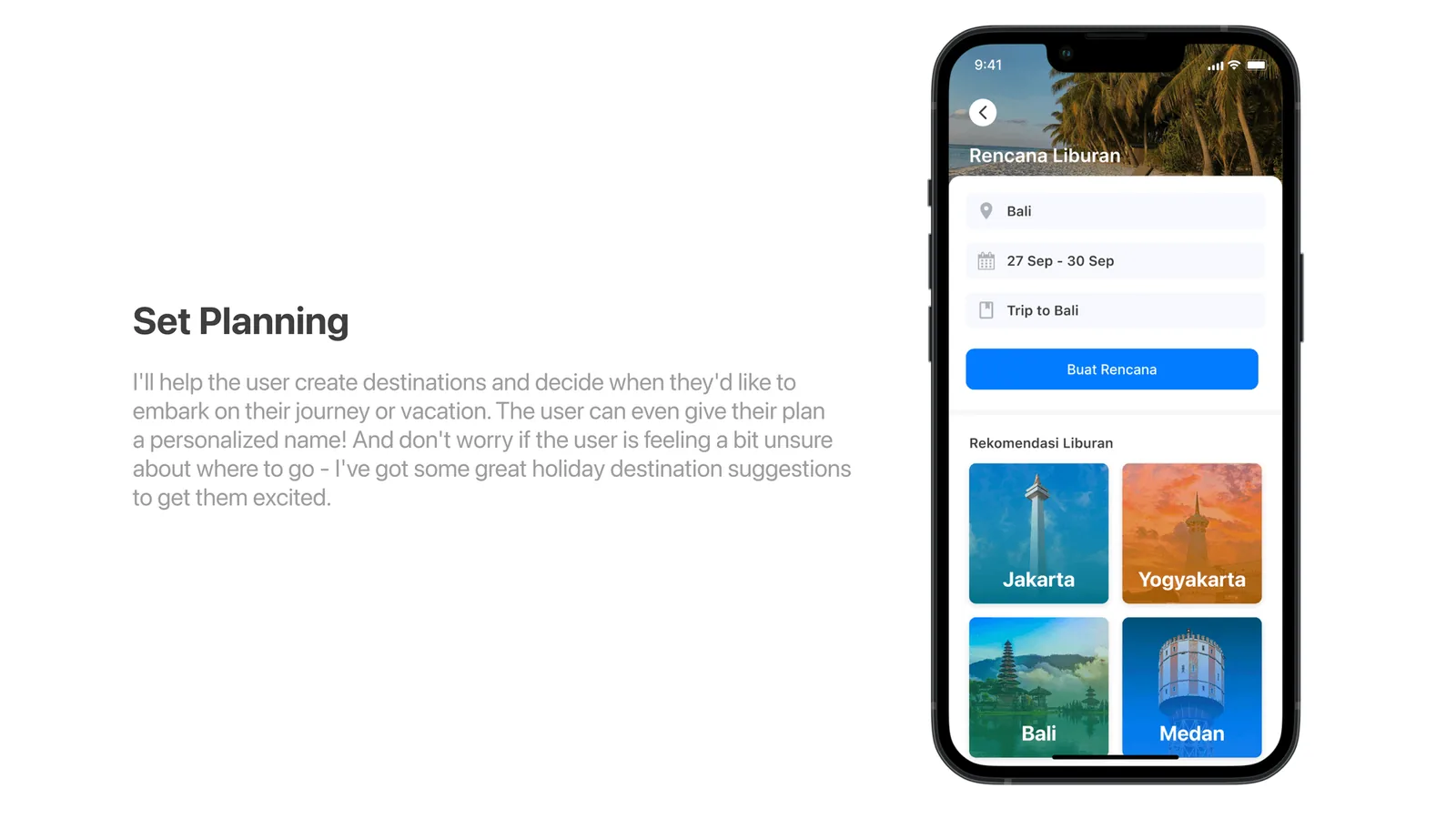 Set Planning screen for choosing destinations and dates