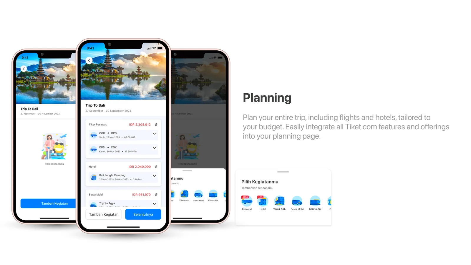 Planning screens for building a full trip itinerary
