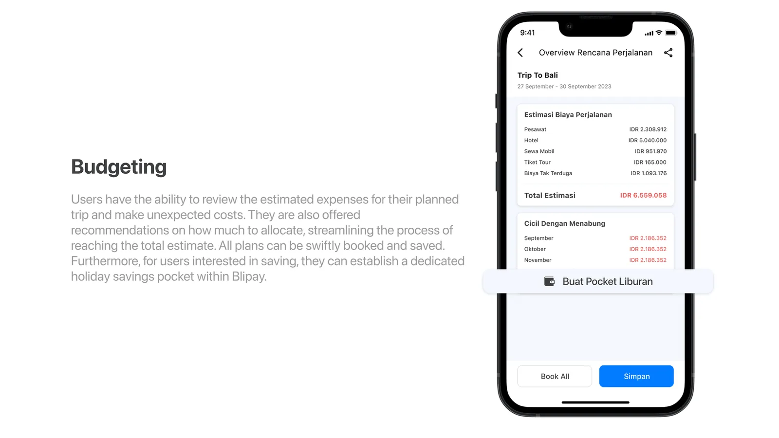 Budgeting screen with estimated and unexpected costs