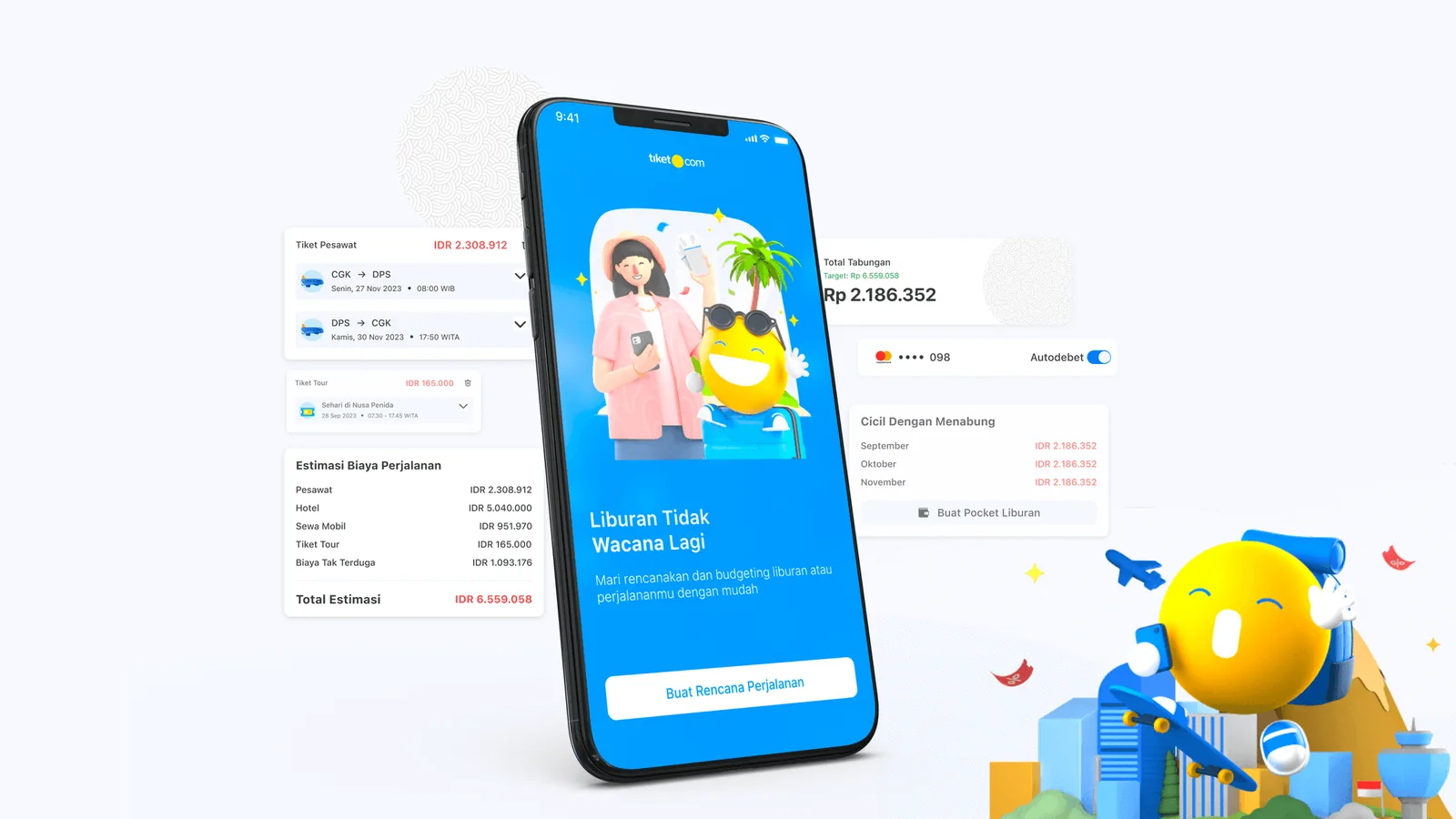 Travel planning app screens for tiket.com
